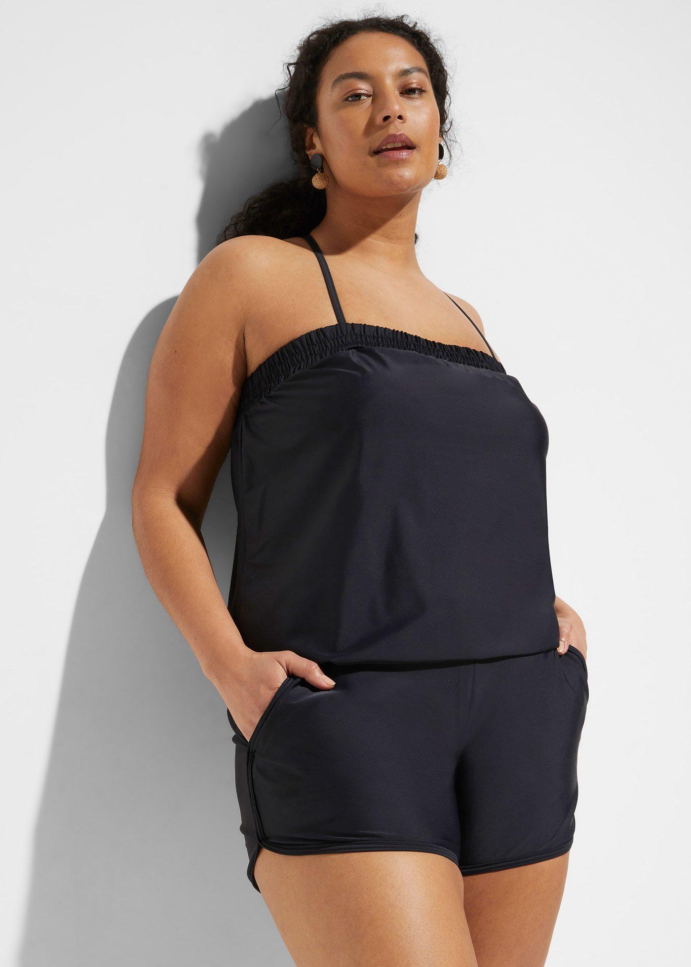 Combishort de bain mode avec slip intégré noir/papillons