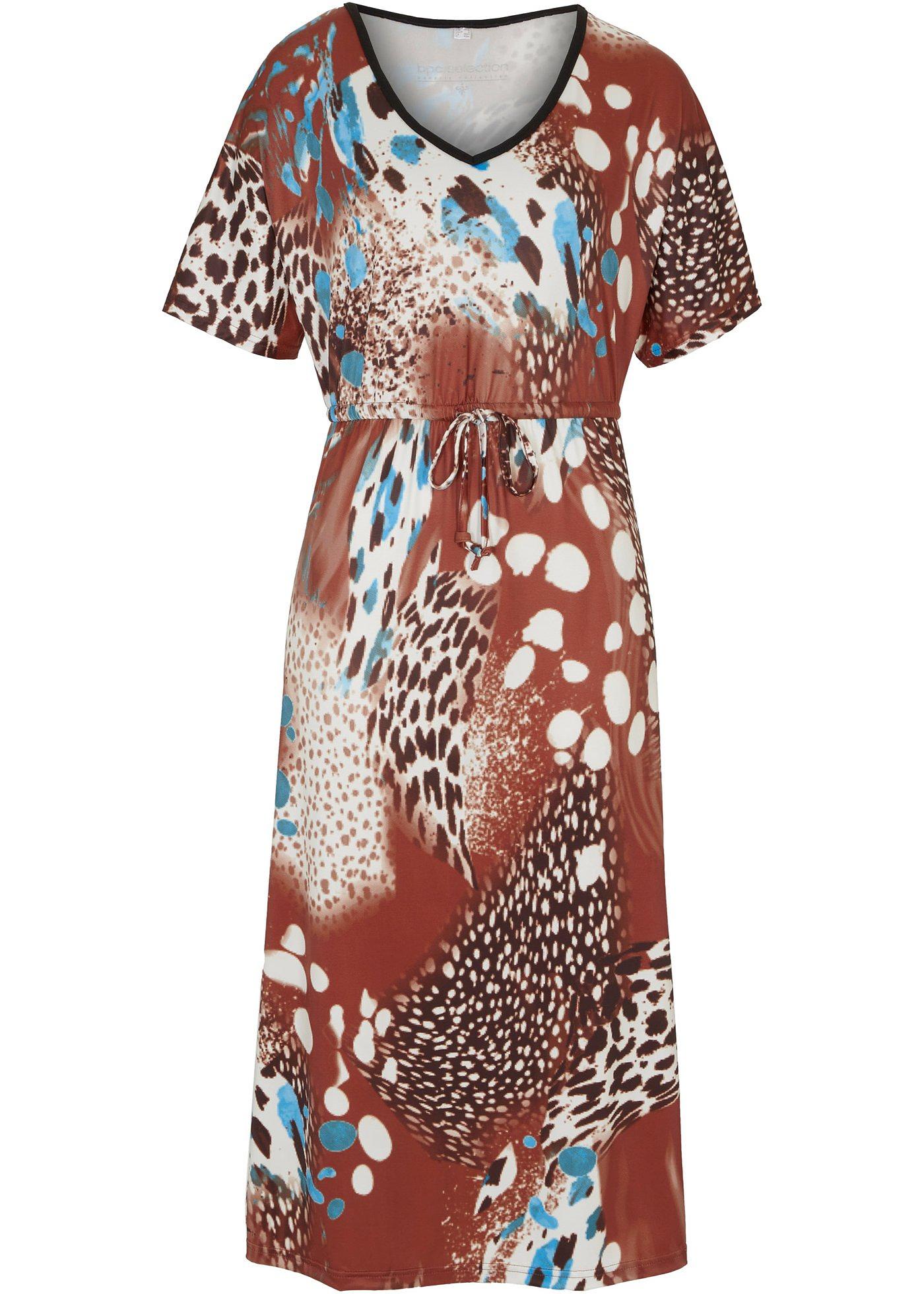 Robe caftan marron acajou/beige naturel imprimé