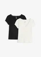 Lot de 2 T-shirts côtelés avec détail en dentelle, bonprix