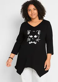 T-shirt long à pans en coton avec imprimé chat, manches 3/4, bonprix