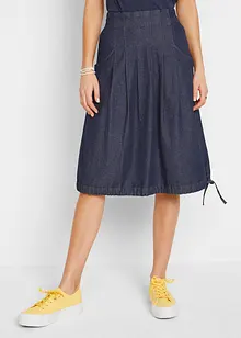 Jupe en jean extensible avec plis religieuse, lien à nouer et taille confortable, bonprix