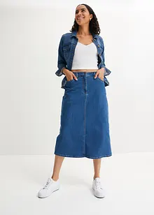 Jupe midi en jean extensible légèrement évasée avec taille confortable, bonprix