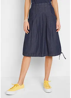 Jupe en jean extensible avec plis religieuse, lien à nouer et taille confortable, bonprix