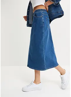 Jupe midi en jean extensible légèrement évasée avec taille confortable, bonprix