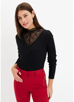 T-shirt côtelé à décolleté en dentelle, bonprix