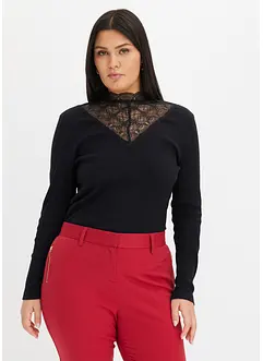 T-shirt côtelé à décolleté en dentelle, bonprix