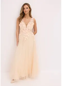 Robe longue en tulle délicat ornée de fleurs appliquées, bonprix