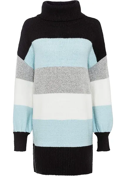 Pull long douillet avec rayures et col roulé noir/bleu