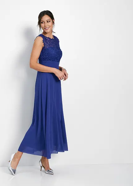 Robe de soiree chic avec decoupe dans le dos et empiecement en dentelle bleu saphir classique