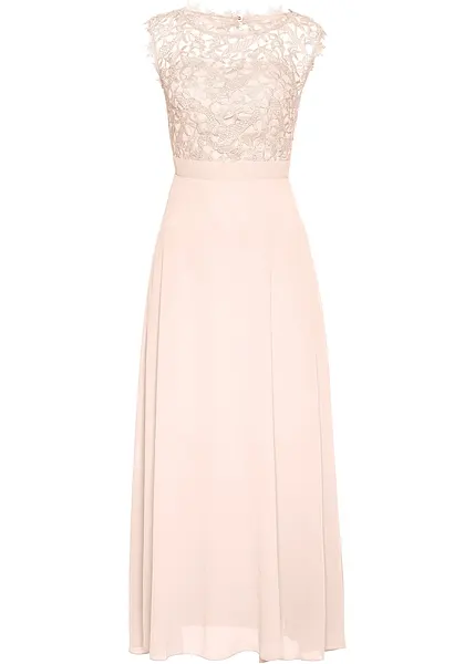 Robe de soiree chic avec decoupe dans le dos et empiecement en dentelle rose nacre classique