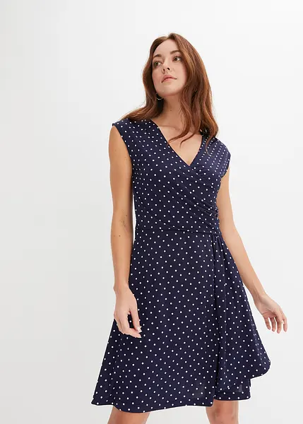 Robe a pois et fronces bleu fonce ecru a pois