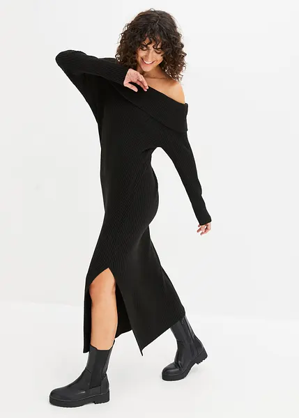 Robe longue en maille a encolure Bardot noir