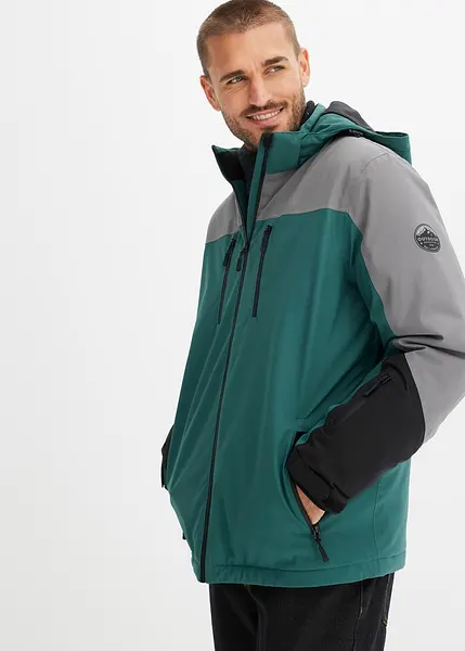 Veste de ski moderne a capuche impermeable coupe vent doublee et munie de coutures etanches vert mat