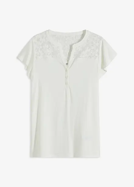 T-shirt col tunisien en viscose et dentelle