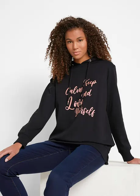 Sweat-shirt sport et féminin avec inscription métallisée, fentes latérales pour une plus grande liberté de mouvement, capuche., bonprix