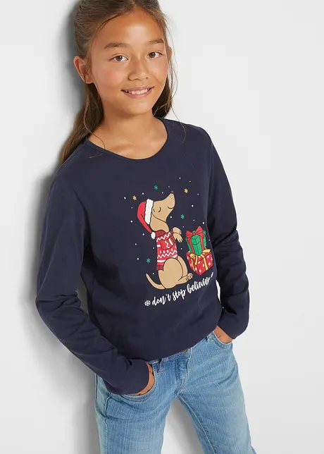 Lot de 2 T-shirts fille manches longues avec motif de Noël, bonprix