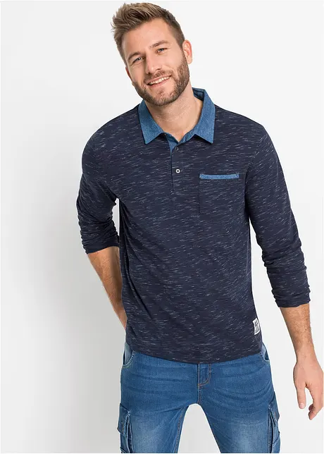 Polo manches longues à col tissé, bonprix