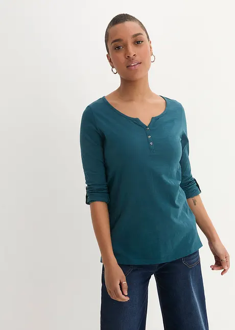 T-shirt manches longues à col boutonné, 100% coton, bonprix