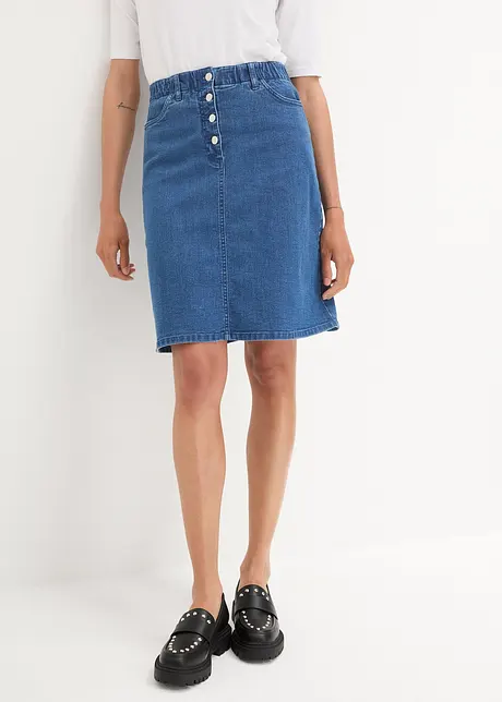 Jupe en jean avec patte de boutonnage et taille élastiquée, bonprix