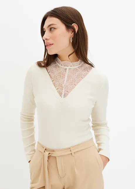 T-shirt côtelé à décolleté en dentelle, bonprix