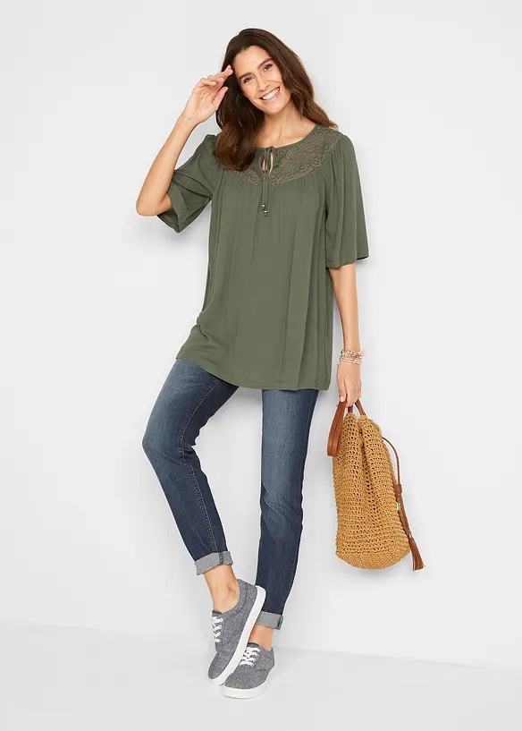 Longue tunique en viscose aspect froissé, manches 1/2, bonprix