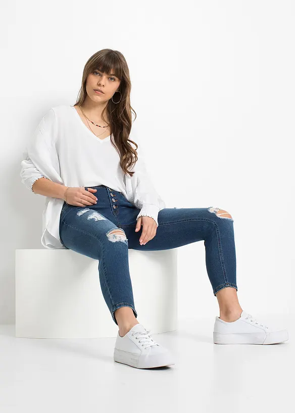 Jean skinny taille mi-haute, effets destroy, bonprix