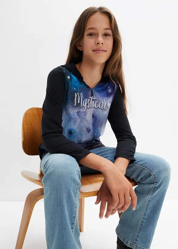 T-shirt manches longues fille avec capuche et imprimé photo, bonprix
