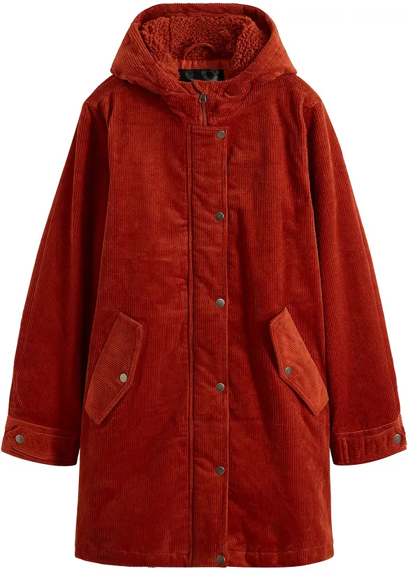 Parka chaude en velours côtelé avec capuche doublée polaire, coupe trapèze, bonprix