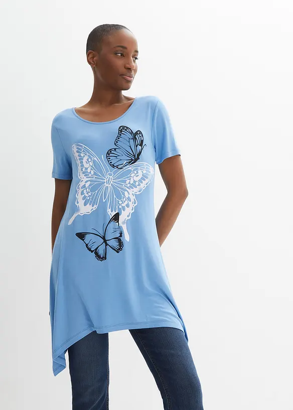 T-shirt long à pans et imprimé papillon, bonprix