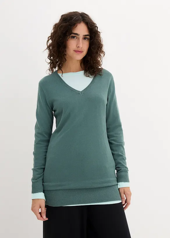 Pull long basique à col V, bonprix