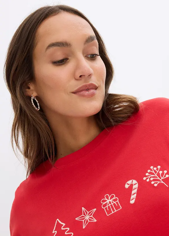 T-shirt manches longues oversize à motif de Noël brodé, bonprix