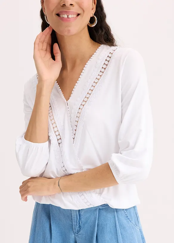 T-shirt manches 3/4 avec dentelle, style portefeuille, bonprix