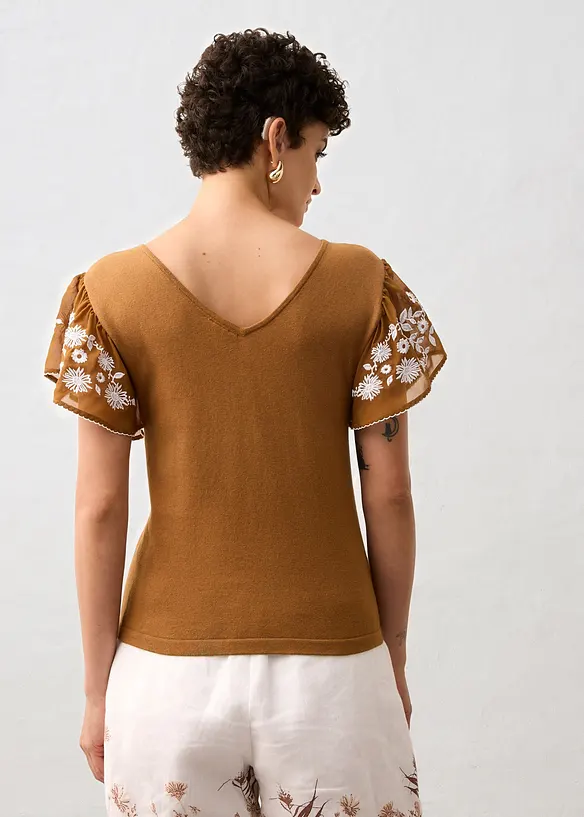 Haut en maille coton et soie avec manches en crêpe, bonprix