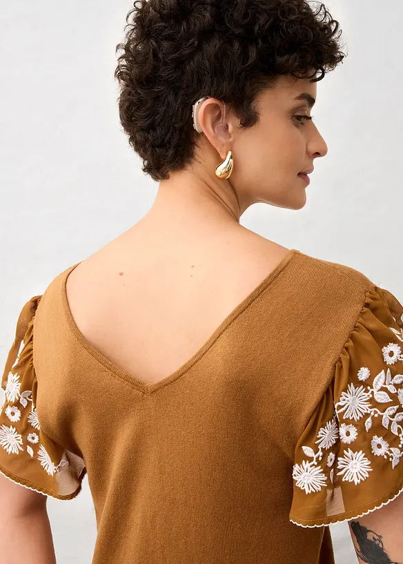 Haut en maille coton et soie avec manches en crêpe, bonprix