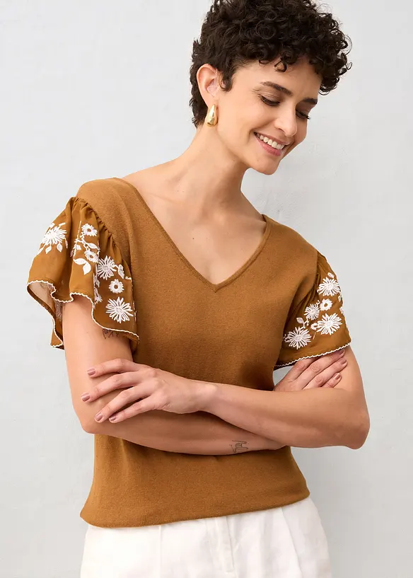 Haut en maille coton et soie avec manches en crêpe, bonprix