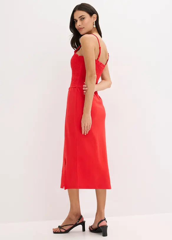Robe midi en jersey avec empiècement smocké et fente, bonprix