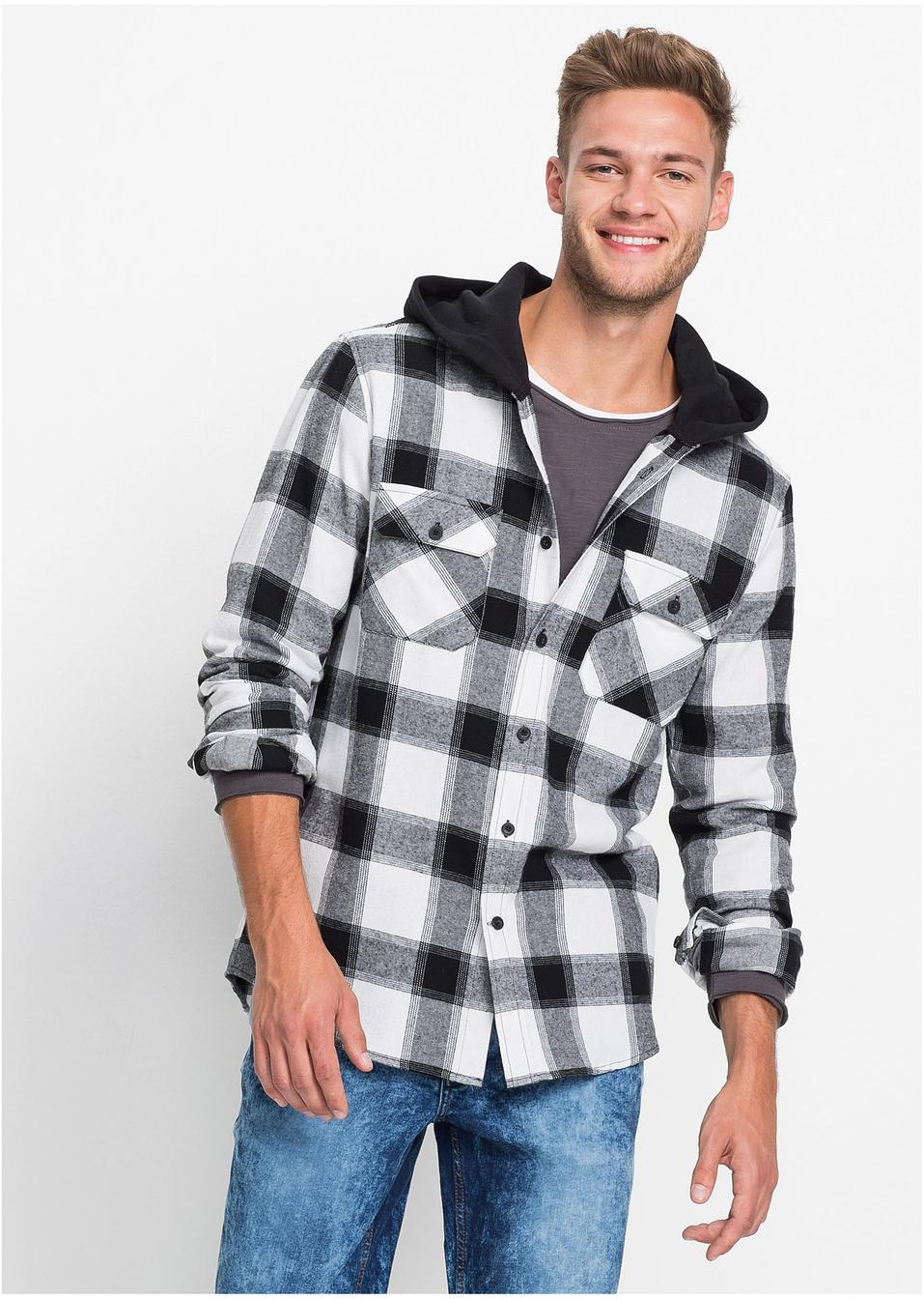  Chemise  en flanelle avec capuche sweat  Slim Fit noir blanc 