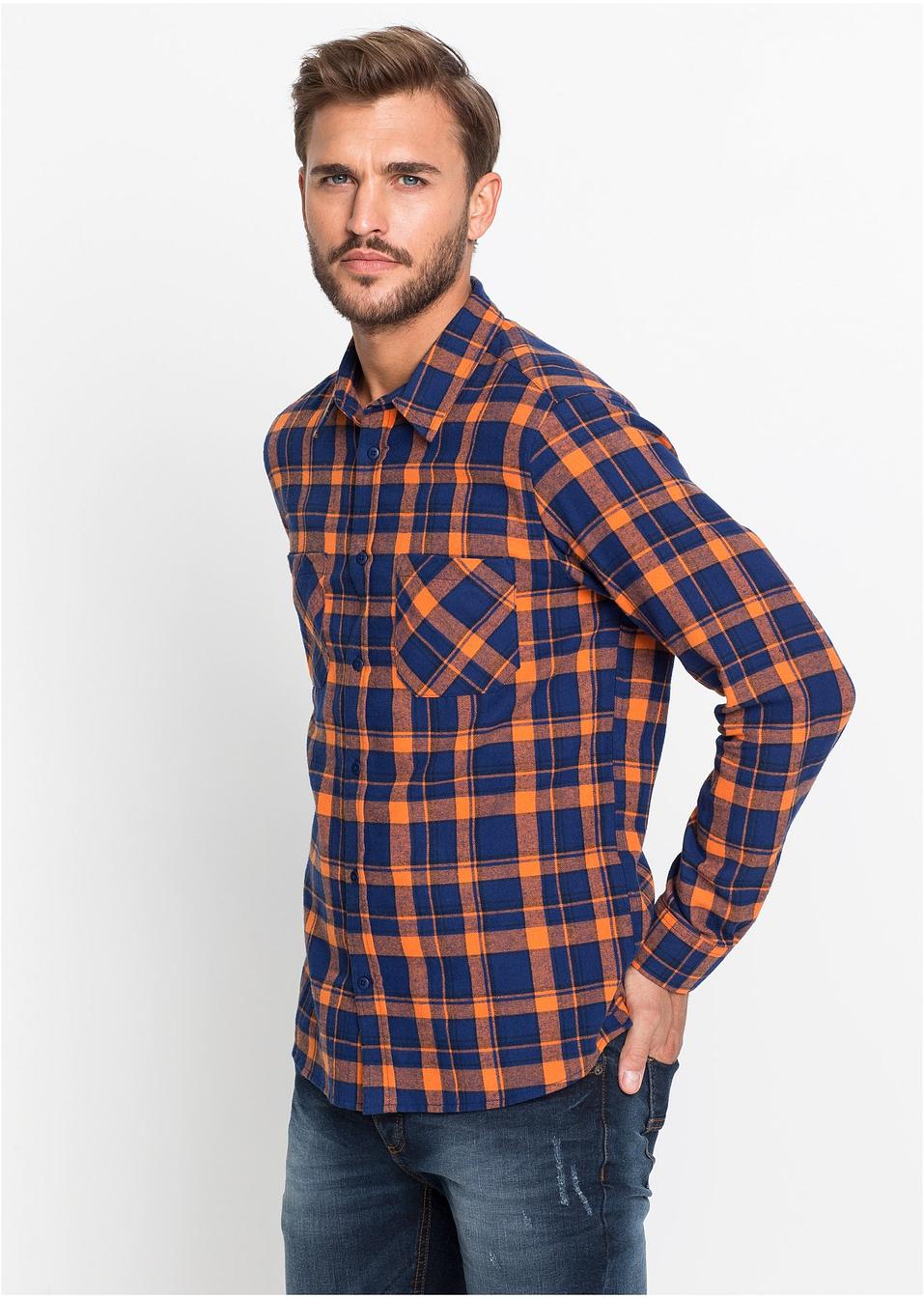  Chemise  en  flanelle   manches longues Slim Fit orange bleu 